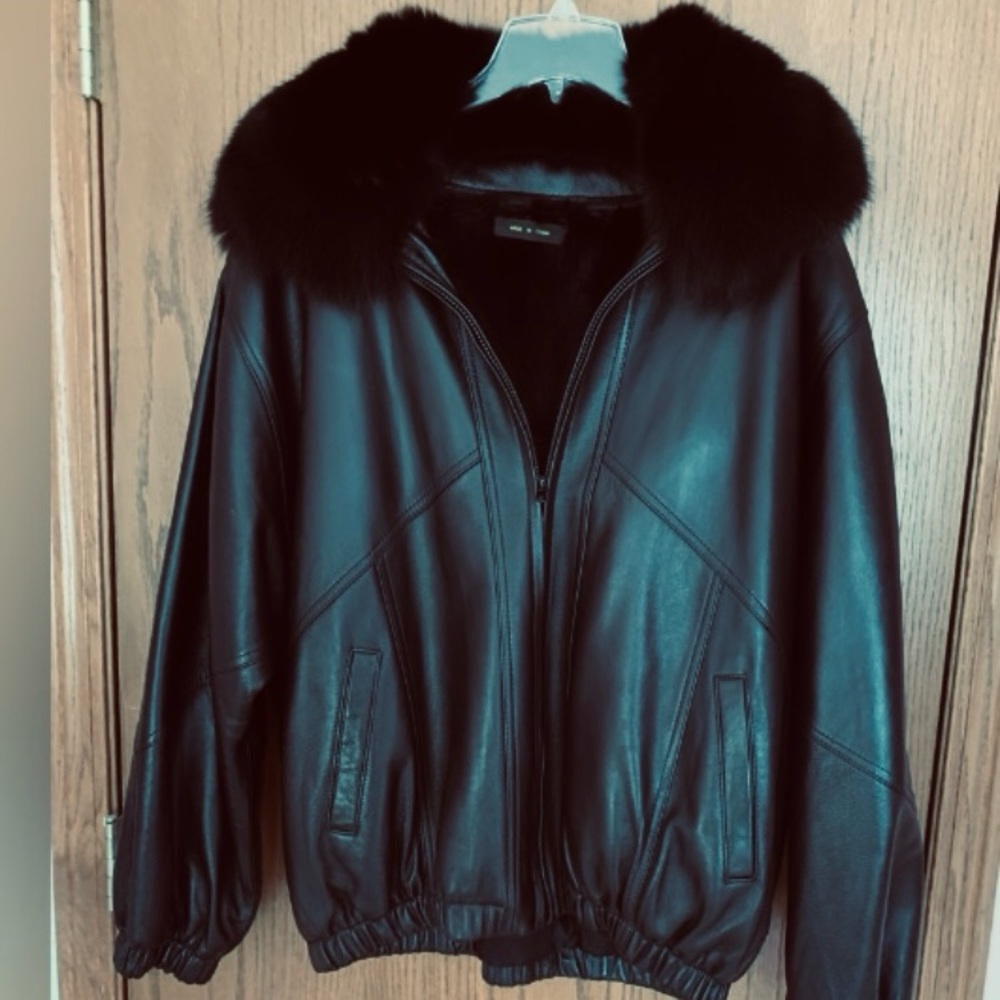 Black Leather Jacket w/Fox Collar